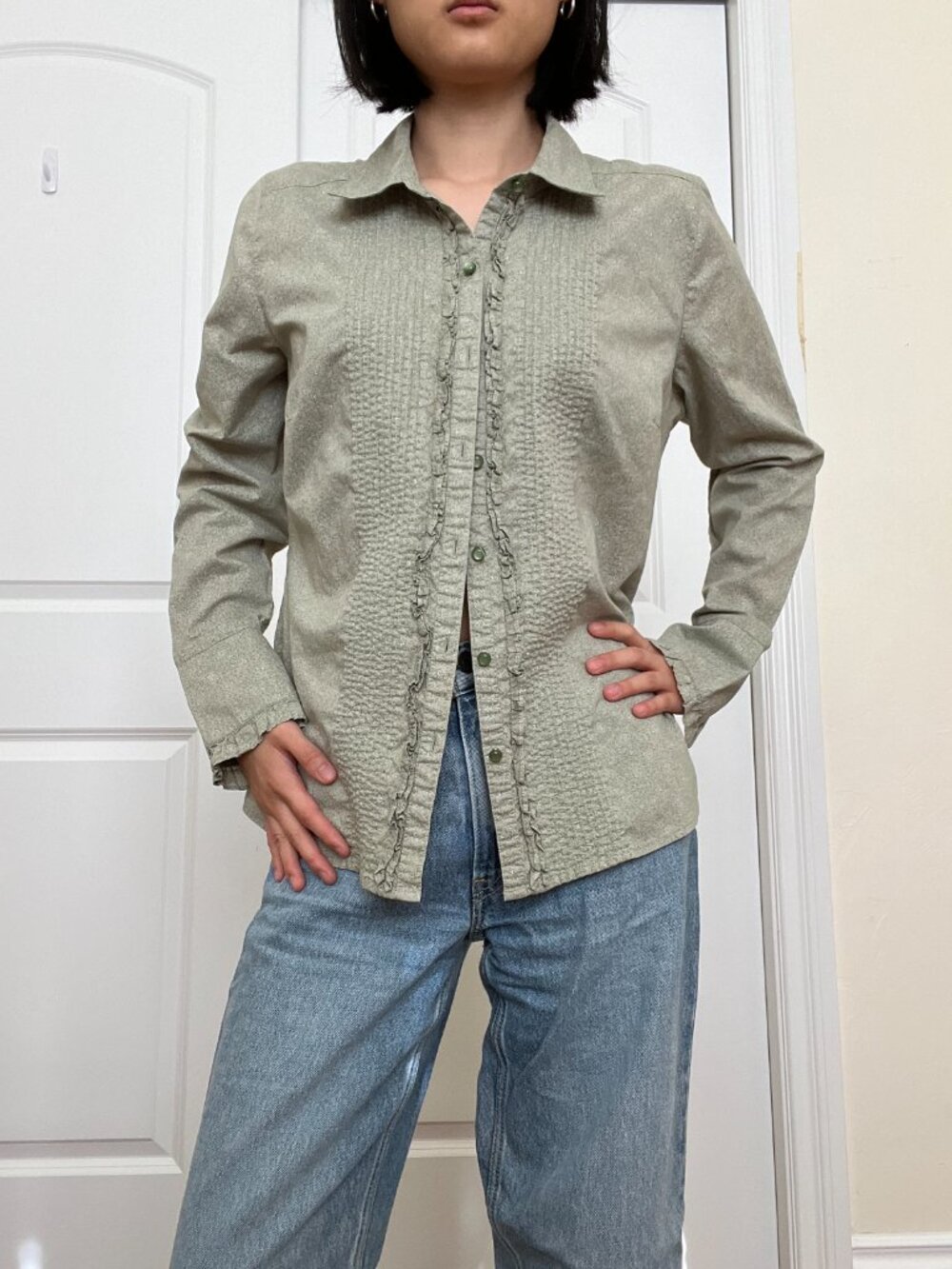 Vintage Sonoma Sage Green Ruffle Trim Textured Button Up Shirt